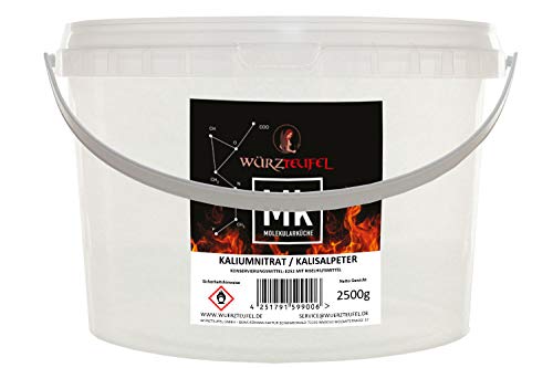 Salpeter, Kaliumnitrat, Kalisalpeter Bengalsalpete, KNO3 in Lebensmittelqualität, mit Rieselhilfe. PE-HD Eimer 2500g (2,5 KG) von Yubaoly