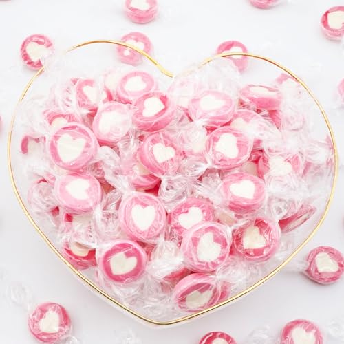 EinsSein 0,5kg Herzbonbons rosa-weiss | 500g handgemachte Rocks Bonbons | Gastgeschenke Hochzeit Taufe Valentinstag Muttertag Kommunion auch als essbare Tischdeko | Großpackung Süßigkeiten von EinsSein