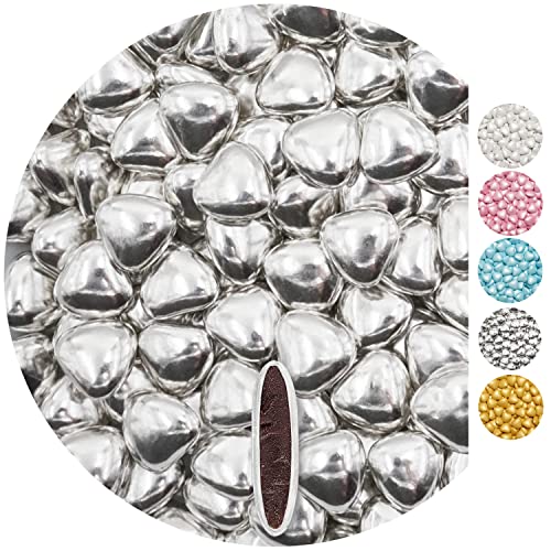 EinsSein 0,5kg Schokoherzen Dragees medium silber glanz Gastgeschenke Hochzeit, Taufe, Kommunion, Kindergeburtstag | Schokodragees, Dragees in Herzform bzw. Schokolinsen als Ersatz für von EinsSein