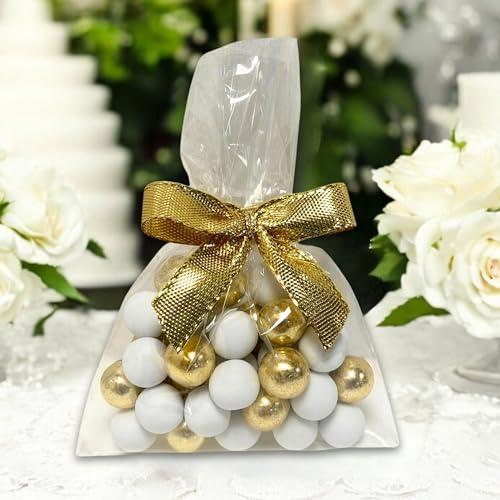EinsSein 5 Stück fertige Gastgeschenke Hochzeit, Taufe, Babyshower mit leckeren Schokokugeln Milchschoko weiss-gold | Bonboniere Hochzeitsmandeln Taufmandeln Kommunion Konfirmation Babyparty | von EinsSein