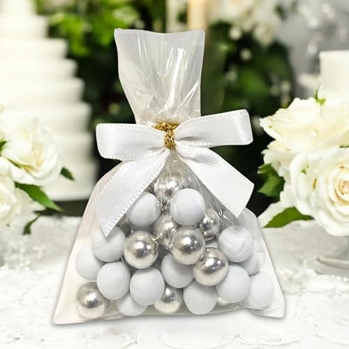 EinsSein 5 Stück fertige Gastgeschenke Hochzeit, Taufe, Babyshower mit leckeren Schokokugeln Milchschoko weiss-silber | Bonboniere Hochzeitsmandeln Taufmandeln Kommunion Konfirmation Babyparty | von EinsSein