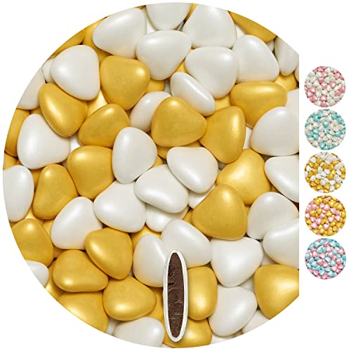 EinsSein 1kg Schokoherzen Pearl Mix weiß-gold Herz Schokodragees -Gastgeschenke Hochzeit Schokodragees Süssigkeiten Taufe Herz Candybar Hochzeitsmandeln Taufmandeln Herzdragees von EinsSein