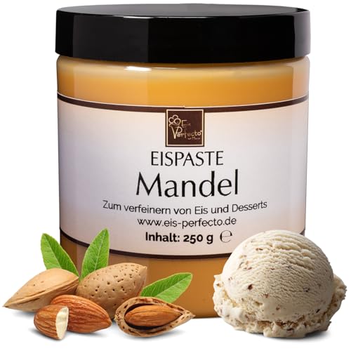 Mandel-Eispaste für leckeres Eis » 100 % geröstete Süßmandeln » Ohne künstliche Aromastoffe » Auch zum Verfeinern von leckeren Desserts uvm. » Inhalt 250 g von Eis Perfecto