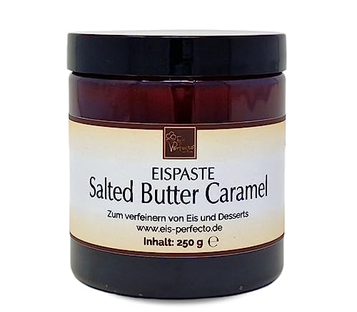 Salted-Butter-Caramel-Eispaste für köstliches, cremiges Eis mit intensivem Geschmack von salzigem Butterkaramell. Auch zum Verfeinern von Desserts uvm.» Inhalt 250 g von Eis Perfecto