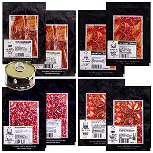 EL ARCON | Packung Spanischer Pata Negra Schinken,Iberisches Schweinefilet aus Eichelmast, Iberischer Chorizo und Salami der Qualität „Extra“|2 Umschläge je 50g von jeder Wurst | Gebiet Jabugo von El Arcón del Fraile