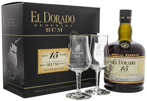 El Dorado Rum 15YO I Demerara Rum I 700 ml I 43% Volume I Brauner-Rum in der Geschenkbox mit 2 Gläsern von El Dorado