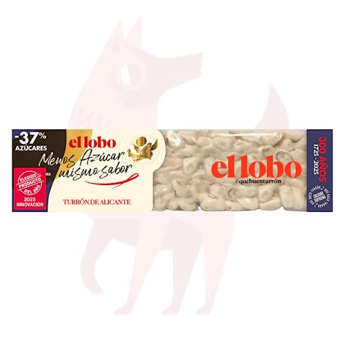 EL LOBO – Turrón de Alicante, Weniger Zucker, Gleicher Geschmack, Höchste Qualität, Typische weihnachtliche Süßspeise, Ohne Zusatz von Süßstoffen, 200 g. von El Lobo