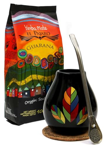 El Pajaro Yerba Mate-Tee Set | Paraguay yerba mate tee mit Guarana | Keramik Tee Tassen Schwarz Hoja 350 ml | Edelstahl trinkhalm bombilla undk korkpad | Mate-Tee loose leaf 400g | Energie | Guarana von El Pajaro