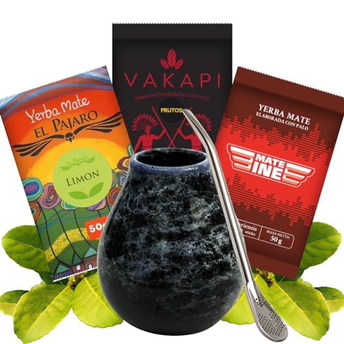 Yerba Mate-Tee Set●50g Mateine Caffeine Mate-Tee●50g El Pajaro Limon●50g Vakapi Frutos● Keramik becher Marmol Blue 350ml●Edelstahl trinkhalm Bombilla 19cm●Mate-Trinkgefäß ●Yerba-Mate-Tee-Strohhalm● von El Pajaro