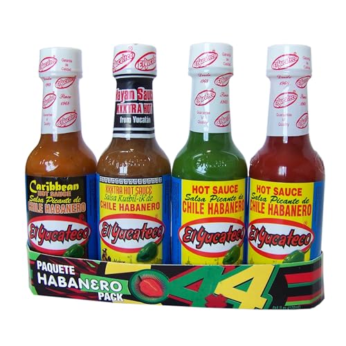 El Yucateco 4er-Pack Hot Saucen-Paket, 1 rote Sauce, 1 grüne Sauce, 1 extra scharfe Sauce, 1 karibische Hot Sauce von El Yucateco