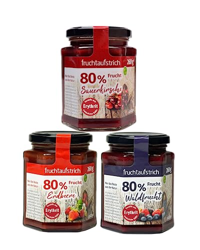 Probierset Fruchtaufstriche ohne Zuckerzusatz mind. 80% Fruchtanteil Erdbeere, Sauerkirsche, Waldfrucht gesüßt mit Erythrit und Stevia (260g) (3 Gläser)… von Elito