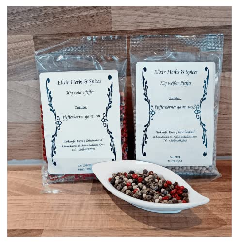 Griechische Pfeffersorten 30g roter und 75g weißer Pfeffer Geschenkset ausgewählte Pfefferkörner ganz von Elixir Herbs & Spices auf Kreta (30g roter und 75g weißer Pfeffer #72) von Elixir Herbs & Spices