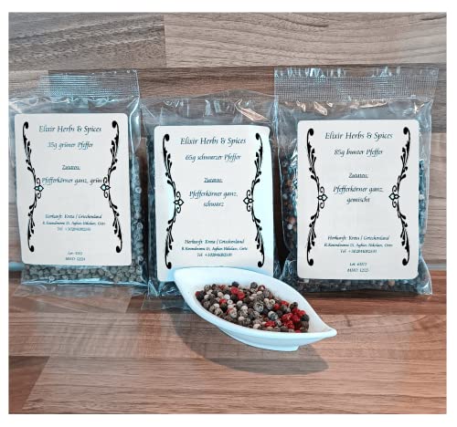 Griechische Pfeffersorten 35g grün, 65g schwarzer und 85g bunter Pfeffer Geschenkset ausgewählte Pfefferkörner ganz von Elixir Herbs & Spices auf Kreta (35g grün, 65g schwarzer 85g bunter Pfeffer #78) Griechische Pfeffersorten 35g grün, 65g schwarzer und 85g bunter Pfeffer Geschenkset ausgewählte Pfefferkörner ganz von Elixir Herbs & Spices auf Kreta (35g grün, 65g schwarzer 85g bunter Pfeffer #78) von Elixir Herbs & Spices