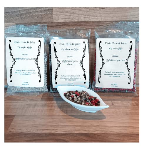 Griechische Pfeffersorten 75g weißer, 65g schwarzer 85g roter Pfeffer Geschenkset ausgewählte Pfefferkörner ganz von Elixir Herbs & Spices auf Kreta (75g weiß, 65g schwarzer 85g roter Pfeffer #79) von Elixir Herbs & Spices