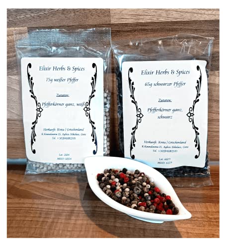 Griechische Pfeffersorten 75g weißer und 65g schwarzer Pfeffer Geschenkset ausgewählte Pfefferkörner ganz von Elixir Herbs & Spices auf Kreta (75g weißer und 65g schwarzer Pfeffer #76) von Elixir Herbs & Spices