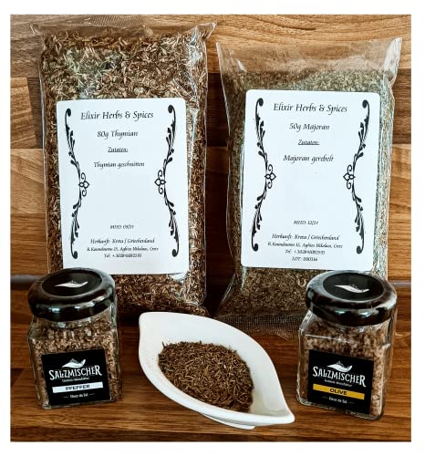 Kulinarisches Geschenkset Gewürzset 80g Thymian, 50g Majoran, 35g Oliven- & Pfeffersalz Elixir Herbs & Spices #92 von Elixir Herbs & Spices