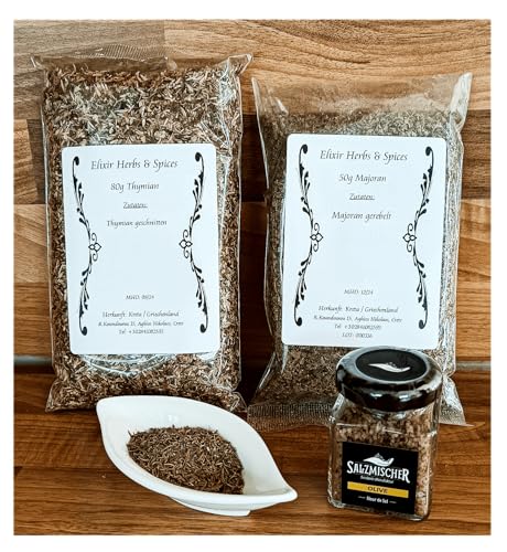 Kulinarisches Geschenkset Gewürzset 80g Thymian, 50g Majoran, 35g Olivensalz Elixir Herbs & Spices und Salzmischer #91 Kulinarisches Geschenkset Gewürzset 80g Thymian, 50g Majoran, 35g Olivensalz Elixir Herbs & Spices und Salzmischer #91 von Elixir Herbs & Spices
