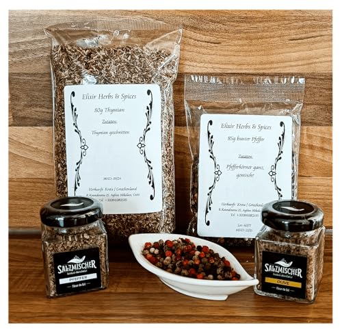 Kulinarisches Geschenkset feine Kräuter griechischer 80g Thymian, 85g bunter Pfeffer, 35g Pfeffer & 35g Olivensalz #96 von Elixir Herbs & Spices