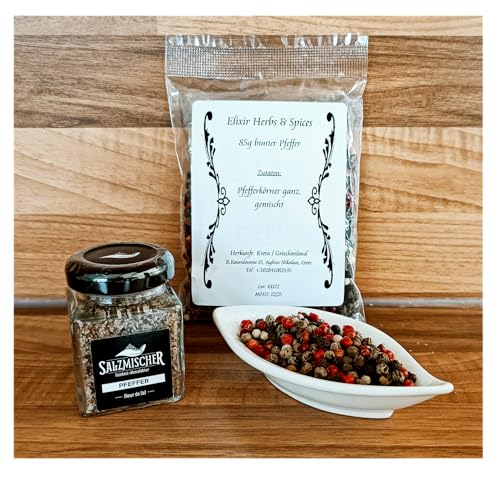 Kulinarisches Geschenkset griechischer bunter Pfeffer 85g und Pfeffer Salz 35g Elixir Herbs & Spices und Salzmischer #95 von Elixir Herbs & Spices