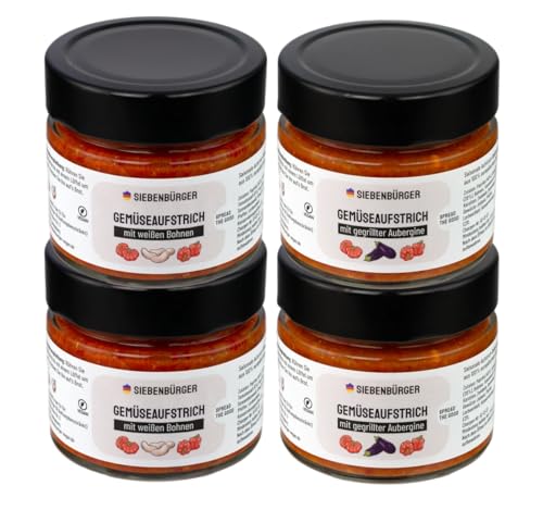 Siebenbürger veganer Gemüseaufstrich 4x 180g Probierset mit weißen Bohnen Auberginen Tomaten & Paprika Sakuska saisonaler Aufstrich (2x weiße Bohnen & 2x Aubergine) von Elixir Herbs & Spices