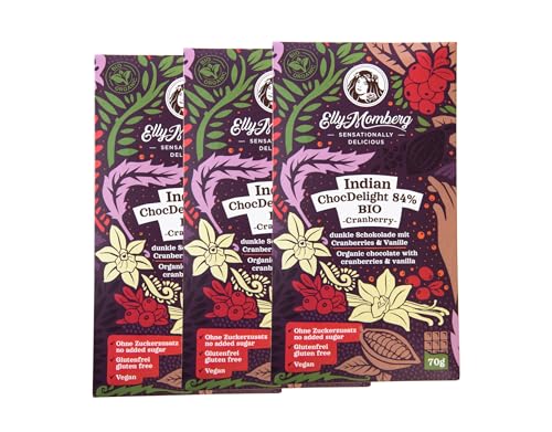 Elly Momberg-Bio Indian ChocDelight 84% Cranberries Schokolade-Vegan, ohne Zuckerzusatz*, Low-Carb* & glutenfrei 3er Pack 210 g von Elly Momberg