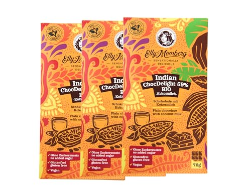 Elly Momberg - Bio Indian Chocdeligt 59% Kokosmilch Schokolade - Vegan, ohne Zuckerzusatz*, Low Carb* & glutenfrei 3er Pack 210 g von Elly Momberg