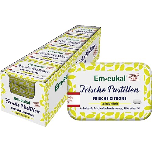 Em-eukal Frische Pastillen, Frische Zitrone spritzig-frisch, Zuckerfrei, Anhaltende Frische durch naturreines & ätherisches Öl, 12x20 g von Em-eukal