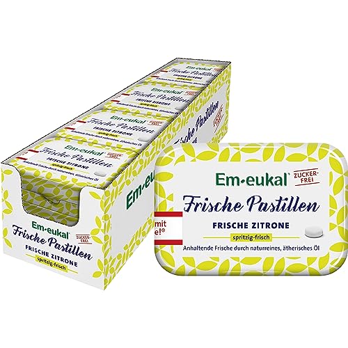 Em-eukal Frische Pastillen, spritzige Zitrone, Zuckerfrei, Anhaltende Frische durch naturreines & ätherisches Öl, 12x20 g von Em-eukal