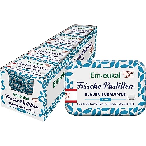 Em-eukal Frische Pastillen Blauer Eukalyptus, Zuckerfrei, Anhaltende Frische durch naturreines & ätherisches Öl, 12x20 g von Em-eukal