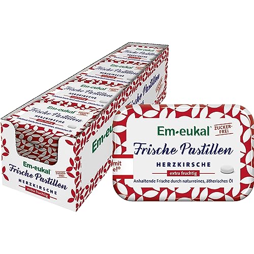 Em-eukal Frische Pastillen Herzkirsche extra fruchtig, Zuckerfrei, Anhaltende Frische durch naturreines & ätherisches Öl, 12x20 g von Em-eukal