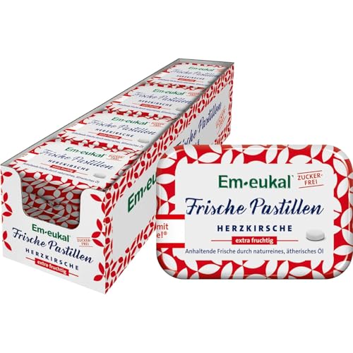 Em-eukal Frische Pastillen Herzkirsche extra fruchtig, Zuckerfrei, Anhaltende Frische durch naturreines & ätherisches Öl, 12x20 g von Em-eukal