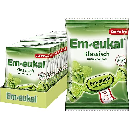 Em-eukal Hustenbonbon Klassisch, Zuckerfrei & laktosefrei, Lutschbonbons mit Eukalyptusöl & Menthol, Ohne Zucker – Großpackung 20x75g von Em-eukal