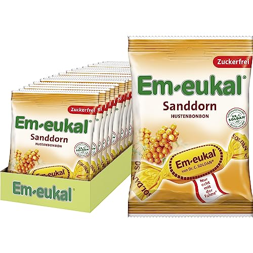 Em-eukal Hustenbonbons Sanddorn, Zuckerfrei & laktosefrei, Lutschbonbons mit Vitamin C, Ohne Zucker – 20x75g von Em-eukal