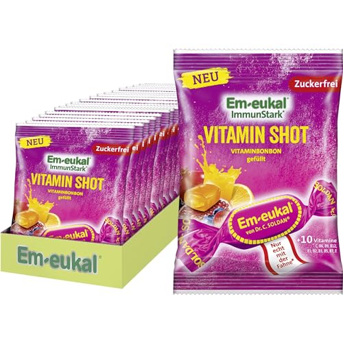 Em-eukal Vitamin Shot Filled Sugar-Free Storage Pack - Refreshingly Fruity with 10 Vitamins - With Fruit Juice Concentrate of Pomegranate and Valuable Orange Oil - 20 x 75 g Bags von Em-eukal