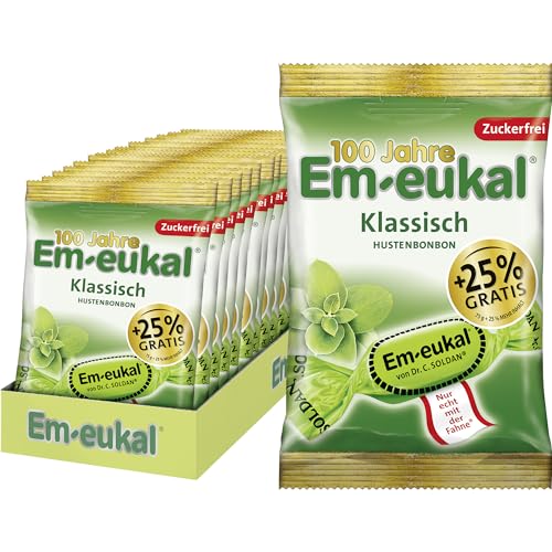 Em-eukal Jubiläumsbeutel Hustenbonbon Klassisch, zuckerfrei & laktosefrei, Lutschbonbons mit Eukalyptusöl & Menthol – 18 x 94g von Em-eukal