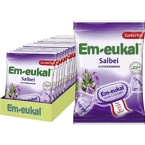 Em-eukal Salbei Hustenbonbon zuckerfrei 75g – Aromatisch und kräuterig-frisch mit feinem Salbeiextrakt und hochwertigen ätherischen Ölen – Mit Vitamin C (20 x 75g) von Em-eukal