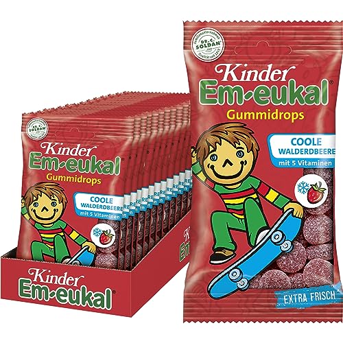 Kinder Em-eukal Gummidrops Coole Walderdbeere, Zuckerhaltig mit 5 Vitaminen, Walderdbeere-Honig 15er Pack (15 x 75 g Packung) von Em-eukal