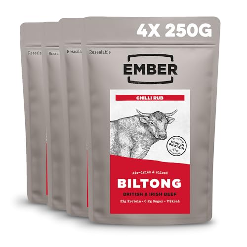 Ember Snacks - Biltong Beef Jerky (250 g x 4 Chilli) Proteinreich, kalorienarm. Fettarmer, Snack für unterwegs) - hergestellt aus britischem und irischem Rindfleisch - Verpackung kann variieren von EMBER