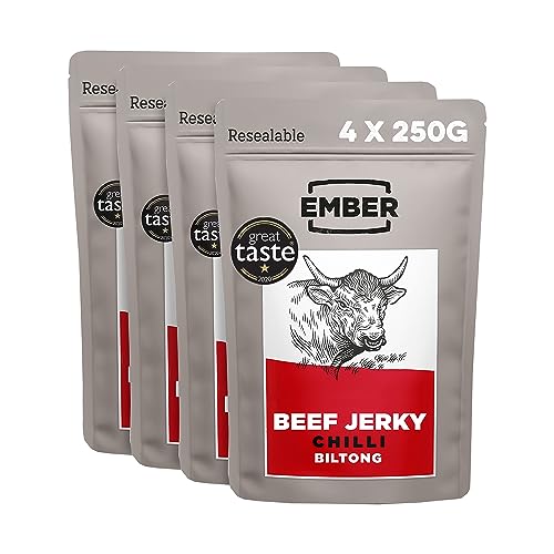 Ember Snacks – Biltong Beef Jerky (250 g x 4 Chilli) Proteinreich, kalorienarm. Fettarmer, Snack für unterwegs)– hergestellt aus britischem und irischem Rindfleisch von EMBER