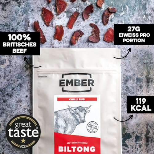 Ember Snacks - Biltong Beef Jerky (250 g x 4 Chilli) Proteinreich, kalorienarm. Fettarmer, Snack für unterwegs) - hergestellt aus britischem und irischem Rindfleisch - Verpackung kann variieren von EMBER