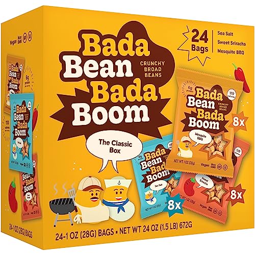 Bada Bean Bada Boom pflanzliches Protein, glutenfrei, vegan, knusprig geröstete Broad (Fava) Bohnensnacks, 100 Kalorienpackungen, The Classic Box Variety Pack, 28 g (24 Stück) von Enlightened