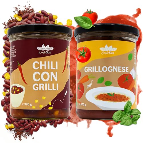 EntoSus – Gourmet Duo – Zwei köstliche Soßen auf Basis essbarer Insekten. Das Probier-Set beinhaltet 1x Chili Con Grilli und 1x Grillognese im Glas á 370g. nachhaltig und proteinreich von EntoSus