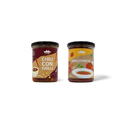 EntoSus – Gourmet Duo – Zwei köstliche Soßen auf Basis essbarer Insekten. Das Probier-Set beinhaltet 1x Chili Con Grilli und 1x Grillognese im Glas á 370g. nachhaltig und proteinreich von EntoSus