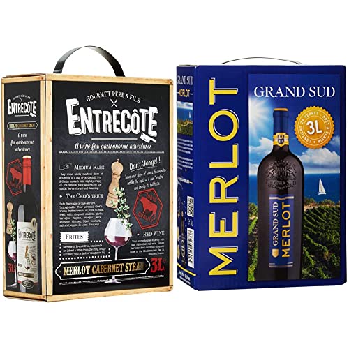 Entrecote - Merlot, Cabernet Sauvignon, Syrah - BIB Bag in Box (1 x 3 l) & Grand Sud - Merlot aus Süd-Frankreich - Sortentypischer Trocken Rotwein - Großpackungen Wein Bag in Box 3l (1 x 3 L) von Entrecote