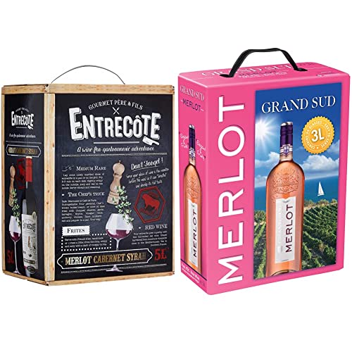Entrecote - Merlot, Cabernet Sauvignon, Syrah - Rotwein aus Frankreich - BIB Bag in Box (1 x 5 l) & Grand Sud - Merlot Rosé aus Süd-Frankreich - Sortentypischer Trocken Roséwein(1 x 3 L) von Entrecote