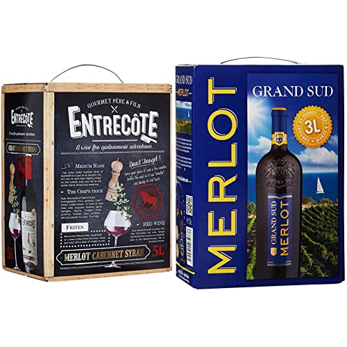 Entrecote - Merlot, Cabernet Sauvignon, Syrah - Rotwein aus Frankreich - BIB Bag in Box (1 x 5 l) & Grand Sud - Merlot aus Süd-Frankreich - Sortentypischer Trocken Rotwein - in Box 3l (1 x 3 L) von Entrecote