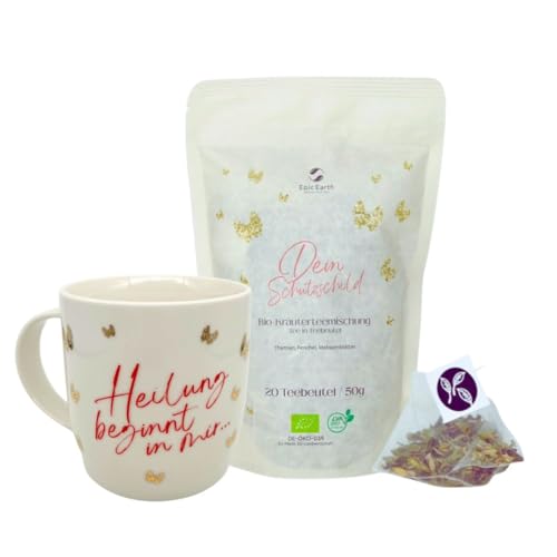 Tee-Set: Große Tasse aus edlem Porzellan mit goldenen Schmetterlingen und Spruch & Bio-Schilddrüsen Tee in Beutel zur Stärkung des Immunsystems von Epic Earth NOURISH YOUR SOUL