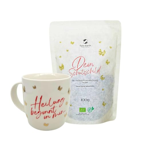 Tee-Set: Große Tasse aus edlem Porzellan mit goldenen Schmetterlingen und Spruch & Bio-Schilddrüsen Tee lose 100g zur Stärkung des Immunsystems von Epic Earth NOURISH YOUR SOUL