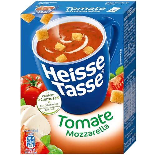 Heisse Tasse Tomate-Mozzarella mit Knusper-Croûtons 12er Pack (12 x 450ml), In nur 2 Minuten fertig – Der perfekte Suppen-Snack von Erasco Heisse Tasse