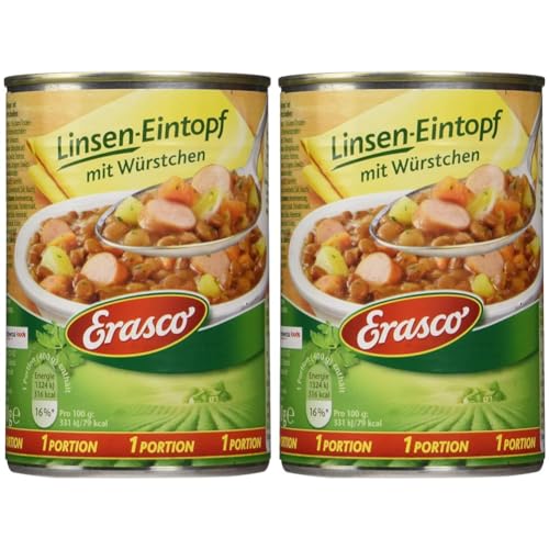 Erasco Linsen-Eintopf mit Würstchen (1 x 400g), In nur 5 Minuten fertig – Ausgewähltes Gemüse – Einfach köstlich - Ohne Schnickschnack (Packung mit 2) von Erasco